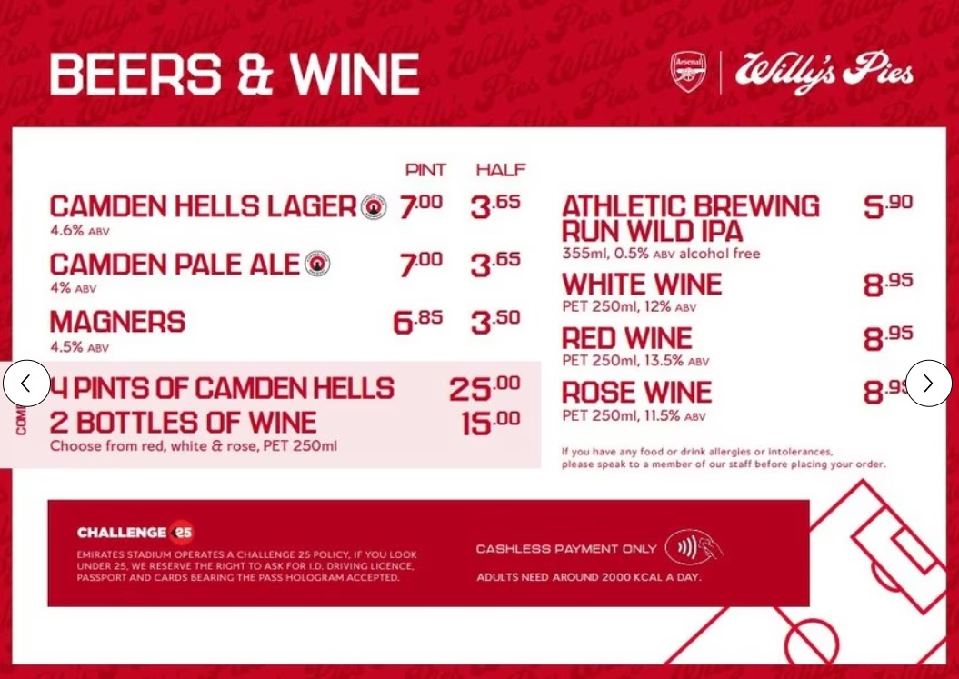Alcoholic drink prices inside the stadium