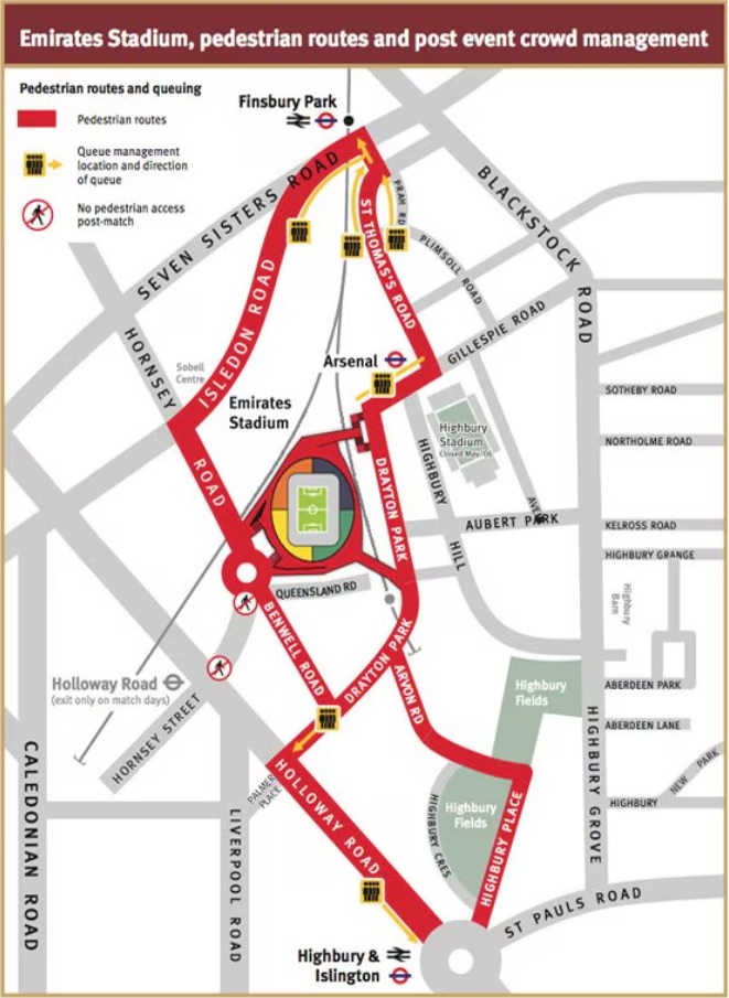 Exit routes from the Emirates stadium.