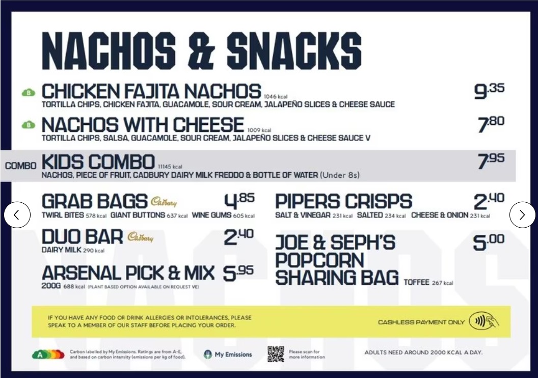 Nacho food options and prices inside the Emirates stadium
