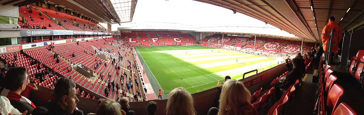 Panoramic view of Anfield stadium, Liverpool, taken before kickoff