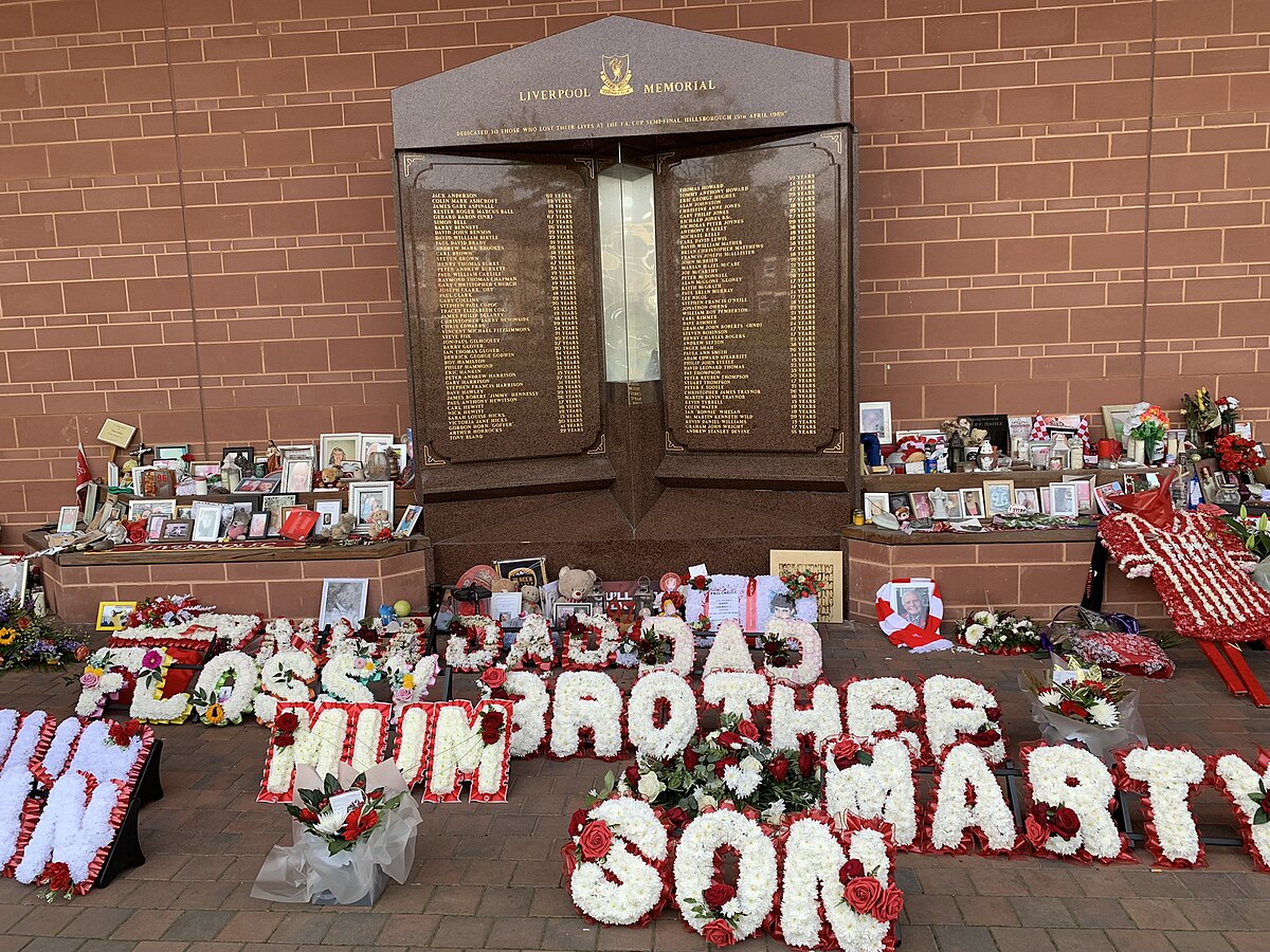 Hillsborough memorial outside Anfield, featuring the eternal flame and commemorative sculpture
