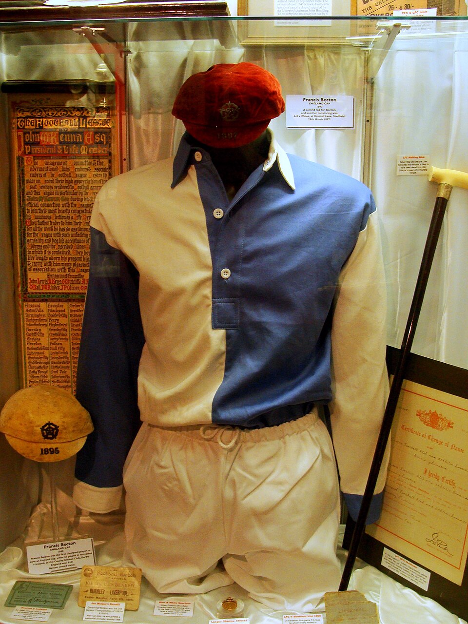 First Liverpool FC kit (1892–96) displayed at Liverpool FC Museum, Anfield