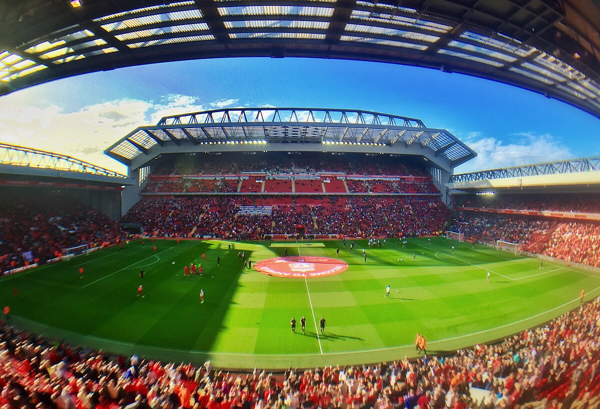 Panoramic view from the Centenary Stand showing Anfield, including The Kop, new Main Stand, and Anfield Road Stand