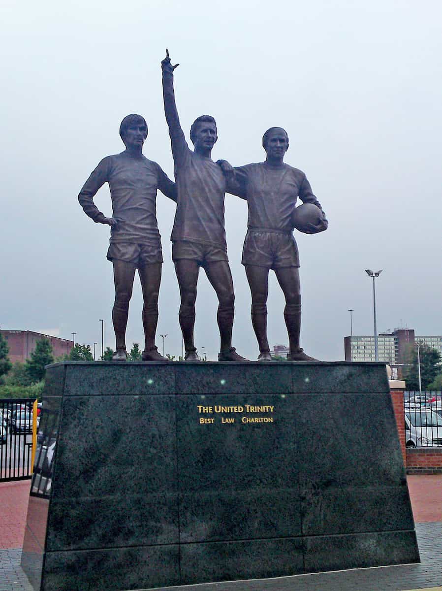 The United Trinity statue (George Best, Denis Law & Bobby Charlton) outside the East Stand at Old Trafford